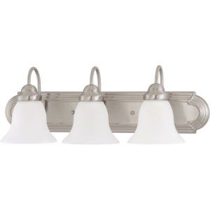 SATCO CFL Vanity Fixture (3) 13W T2 Mini Spiral/GU24 base/2700K included 24"W x 7 5/8"H Extension 8 1/2" Brushed Nickel Frosted Glass