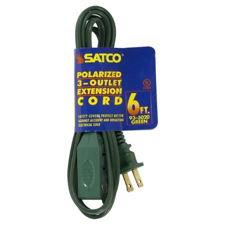 SATCO 3 Outlet Indoor Extension Cord 16/2 Spt-2 6Ft 1625W 13A-125V Green