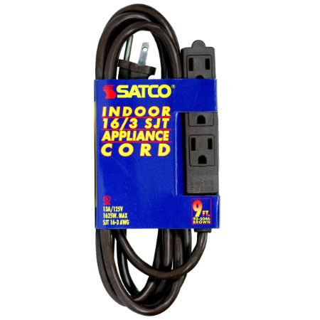 SATCO 3 Outlet Indoor Extension Cord 16/3 SJT 9Ft Brown