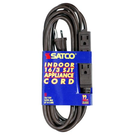 SATCO 3 Outlet Indoor Extension Cord 16/3 SJT 12Ft Brown